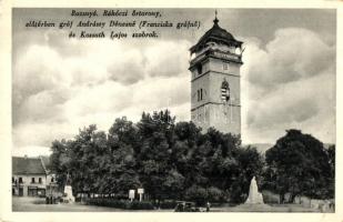 Rozsnyó, Roznava; Rákóczi őrtorony, Gróf Andrássy Dénesné Franciska grófnő és Kossuth Lajos szobor, Magyar címer / watch tower with statues, Hungarian coat of arms  (EK)