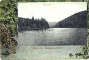 Szomolnok, Schmölnitz, Smolnik; Uhornai tó, csónakázók. Wlaszlovits G. litho keret / Úhorná lake, rowing boat. Art Nouveau litho frame (kis sarokhiány / small corner shortage)