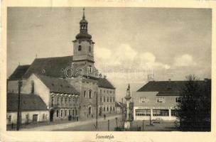 Somorja, Somorin, Samorín; utcakép, templom, Földműves kölcsönös pénztár / street view with church and bank (EK)