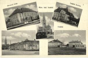 Verebély, Vráble; Római katolikus templom, Járási hivatal, bank / Okresny úrad, Rim. kat. kostol, Legie banka / district office, church, bank