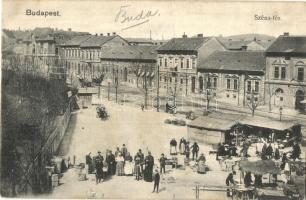 Budapest II. Széna tér, villamos, piaci árusok, bódék. J. Schwarz kiadása (EK)