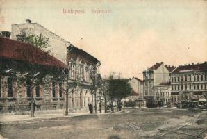 Budapest II. Széna tér, Gyógyszertár, villamos, piaci árusok, bódék. Taussig A. kiadása (EK)