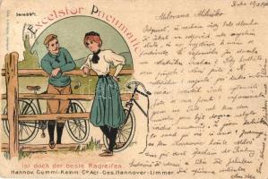 1900 Excelsior Pneumatic. Hannov. Gummi-Kamm Co. Act-Ges. Hannover-Limmer / German bicycle and tire shop advertisement art postcard with cycling lady. Edler & Krische. Serie D No. 1. litho (Rb)