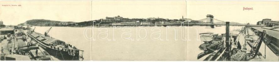 1898 Budapest, Duna és Lánchíd, rakpart, MFTR és DDSG uszályok. Három-lapos panorámalap / three-tiled panoramacard