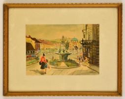 Gaálné jelzéssel: Pécs, Széchényi tér a Zsolnay kúttal, papír, akvarell, üvegezett fa keretben, 18x27 cm.
