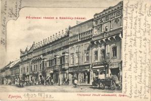 1903 Eperjes, Presov; Fő utca, Rákóczi ház, Böhm Bertalan üzlete. Divald / main street and shops (EK)