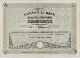 Pécs 1941. Dunántúli Bank Részvénytársaság névre szóló részvénye 100P-ről szelvényekkel, szárazpecséttel T:II- kis szakadás