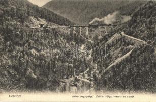 1911 Oravica-Anina, Oravita-Anina; Vasúti hegyipálya, Zsittini-völgy viadukt és alagút gőzmozdonnyal. Weisz Felix kiadása / mountain railway bridge and tunnel, viaduct