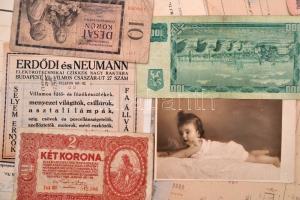 cca 1920-1960 Vegyes papírrégiség tétel: közte fotók, reklám nyomtatványok, papírpénzek, okmányok