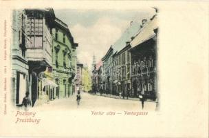 Pozsony, Pressburg, Bratislava; Ventúr utca, Willimszky Gyula üzlete / Venturgasse / street view, shops