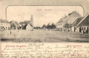 1903 Sasvár, Mária Sasvár, Maria-Schlossberg, Sastín (Sasvár-Morvaőr, Sastín-Stráze); Piactér, templom, üzlet. Emánuel J. kiadása / Marktplatz / marketplace, church, shops (EK)