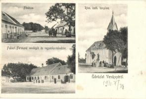 Vereknye, Vrakuna (Pozsony, Pressburg, Bratislava); Fő utca, Fukari Ferencné vendéglője és üzlete, étterem, Római katolikus templom. Fukari Ferencné saját kiadása / main street, restaurant, publisher's shop, Catholic church