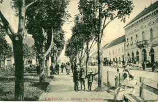 1915 Kőrös, Krizevci, Kreuz; tér, sétány, gyógyszertár. W.L. Bp. 7197. / Zrinski trg., setaliste / square, promenade, pharmacy (szakadás / tear)