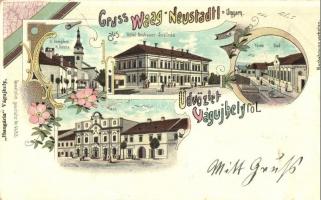 1900 Vágújhely, Neustadt an der Waag, Nové Mesto nad Váhom; K. Kirche, Bad, Markt / Római katolikus templom, Fürdő, Hotel Neubauer szálloda, Piac, üzletek / Catholic church, spa hall, hotel, market, shops. Art Nouveau, floral, litho (szakadás / tear)