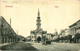 Késmárk, Kezmarok; Fő tér, Városháza, Késmárki Bank rt., Evangélikus templom, üzlet. W. L. Bp. 2888. / main square, town hall, bank, Lutheran church, shop (apró szakadás / tiny tear)