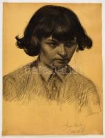 Szegedi Molnár Géza (1906-1970): Női portré. Szén, papír, jelzett, felcsavarva, apró lyukakkal, 55×42 cm