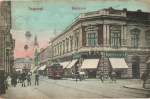 1912 Nagyvárad, Oradea; Rákóczi út, cukrászda, villamos / street, confectionery, tram