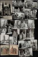 cca 1900-1950 Vegyes papírrégiség tétel, kb. 60 db., közte különféle épületeket, alaprajzokat ábrázoló nyomtatvány, 10 db épületeket ábrázoló gyűjtői kártyák (F.AD. Richter&Co.), kb. 35 db épületeket, épület maketteket ábrázoló fotó, 4x4 cm és 14x8 cm közötti méretben, változó állapotban.