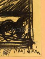 Nagy jelzéssel: Kiégett tanya. Szén, papír, üvegezett keretben, 30×40 cm