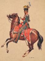 Huszáröltözetek, 16 db különféle színes nyomat, 32×23 cm