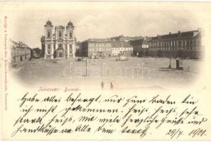 1901 Temesvár, Timisoara; Dóm tér, Római katolikus székesegyház, Szentháromság szobor, üzletek. Kiadja Polatsek / square, cathedral, Trinity statue, shops (EK)
