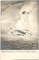 1917 Deutsche Wasserflugzeuge in der Nordsee, auf dem Wege nach England / K.u.K. Kriegsmarine, German seaplane + SMS Tegetthoff So. Stpl.