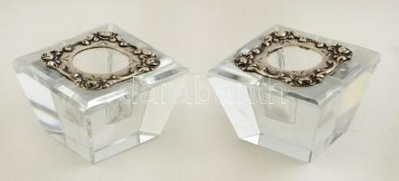 Ezüst és kristály gyertyatartó pár / Silver-crystal candle holder pair 4x4x2,5 cm