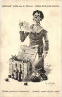 Duftende Grüße aus der Heimat / Gustosi saluti dal paese natio / Illatos üdvözletek hazulról / Tasty greetings from home. Austro-Hungarian Navy K.u.K. Kriegsmarine mariner art postcard, humor. C. F. P. 1917/18. s: Ed Dworak (EK)