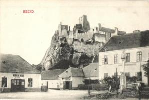 Beckó, Beczkó, Beckov; Vágvölgy, Vár, Kohn Mór, Schwarz Vilmos üzlete, Népiskola. Bruck Gyula felvétele és kiadása / Povazie, Hrad / castle, shops, school (EK)