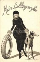 Mein Lieblingsreifen / My favorite tyres. Pirelli Italian automobile tires advertisement art postcard with lady and greyhound. s: M. Dudovich (EK)