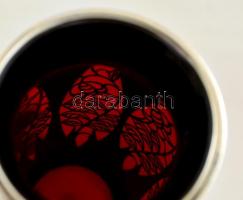 Rubint üveg váza, áttört ezüst borítással (hiányos) 14 cm / Silver covered glass vase. Silver part i...