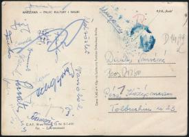 cca 1950-1960 Pécsi Dózsa labdarúgó csapatának aláírásai (Kocsis, Krausz, Csupák, Lehel, Fazekas, Farkas, Imi (Danka), egy Varsóból, Danka Imre (1930-2014) kapus feleségének küldött képeslapon