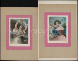 15 db hölgyeket ábrázoló acélmetszet, közte 5 db színezett acélmetszettel, részben kartonon, változó...