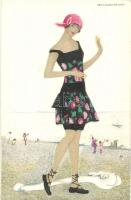 Lady on the beach, art postcard B.K.W.I. 187-1 s: Mela Koehler