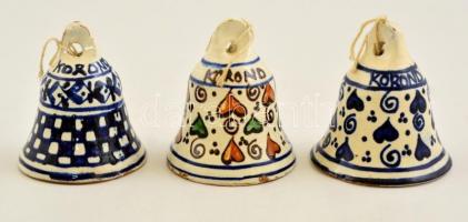 3 db korondi mázas kerámia csengettyű, csengő, harang. Hibátlanok. / Ceramic bells 8 cm