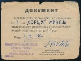 1956 Kaposvár, a Somogymegyei Mezőgazdasági Gépjavító Vállalat orosz nyelvű igazolása