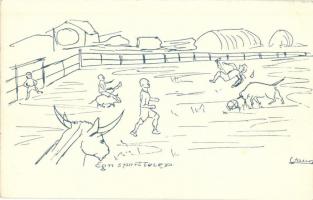 Eger, Az egri sporttelep, humoros kézi rajz focistákkal és bikákkal. s: János