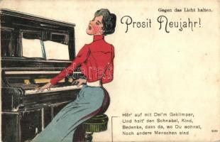 Újévi üdvözlet. Világosság felé tartandó litho / Prosit Neujahr / New Year, lady with piano hold to light, litho