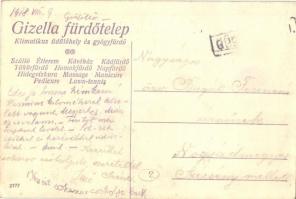 Gödöllő, Gizella fürdőtelep, Park, étterem; hátoldalon Gizella fürdőtelep reklámja (EK)