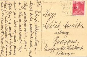 Mánfa, Posta és jegyzőlak, Nagyvendéglő, étterem, Római katolikus iskola, látkép + 1918 Mánfa Postai...