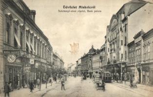 Miskolc, Széchenyi utca, Bank palota, műórás, ékszeres üzlete, villamos. Grünwald Ignác kiadása (EK)