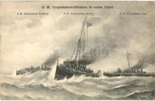 S. M. Torpedoboots-Division in voller Fahrt: Torpedoboot Krokodil, Streiter, Ulan / K.u.K. Kriegsmarine, torpedo boats, G. Fano Pola, artist signed