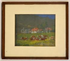 Ruzicska jelzéssel: Pihenő tehenek. Pasztell, papír, üvegezett keretben, 21×27 cm