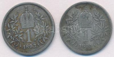 Ausztria 1893-1894. 1K Ag "Ferenc József" (2xklf) T:2-,3 Austria 1893-1894. 1 Corona Ag &q...