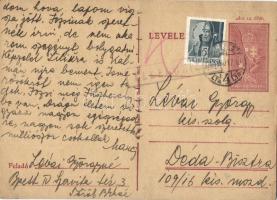 1944 Lévai György zsidó KMSZ-nek (közérdekű munkaszolgálatos) küldött levél a dédabisztrai munkatáborba, 109/16. Tábori kis. mszd. / WWII Letter to a Jewish labor serviceman in the labor camp of Bistra Muresului. Judaica + 12f Ga. (fa)