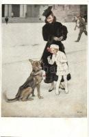 Vöröskeresztes kutya hölggyel és kislánnyal / Red Cross first aid dog, lady with girl / Verlag von Albert Langen Nr. 17. s: B. Wennerberg