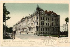 1903 Temesvár, Timisoara; Gyárváros, Liget út, villamos. Kiadja Uhrmann Henrik / Parkstrasse / street view, tram