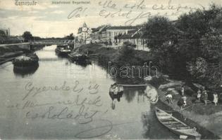 1906 Temesvár, Timisoara; Józsefvárosi Béga hídja, uszályok, csónakok / Bega river bridge, barges, rowing boats (EK)