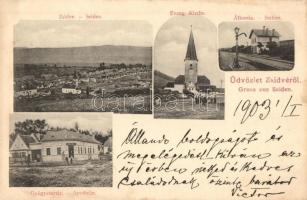 1903 Zsidve, Seiden, Jidvei; Evang. Kirche, Station, Apotheke / Evangélikus templom, Vasútállomás, Gyógyszertár / Lutheran church, railway station, pharmacy (EK)