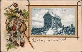 1908 Judenburg, Schutzhaus am Zirbitzkogel b. Judenburg. / rest house, hut at the mountain peak. Gebrüder Metz No. 19532. alpinist backpack, Art Nouveau Emb. litho (EK)